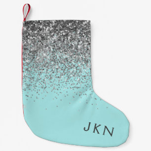Silver Aquamarin Aqua Blue Girl Glitzer Monogram Kleiner Weihnachtsstrumpf