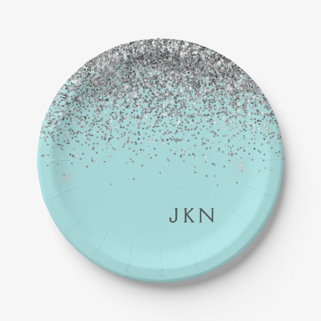 Silver Aquamarin Aqua Blue Girl Glitzer Monogram Pappteller (Vorderseite)