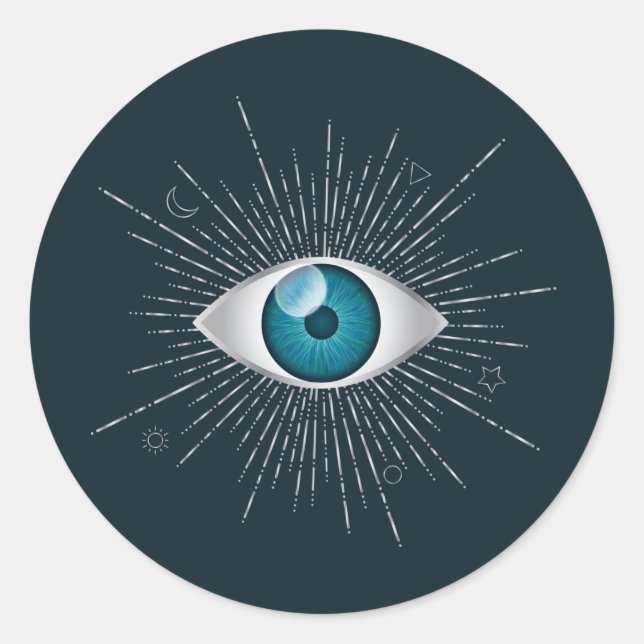 Silver & Aquamarin Blue Mystic Aqua Evil Eye Nazar Runder Aufkleber (Vorderseite)