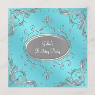 Silver Aquamarin Blue Womans Birthday Party Einladung