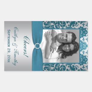 Silver.Aquamarin Damask Foto Weinetikett Rechteckiger Aufkleber