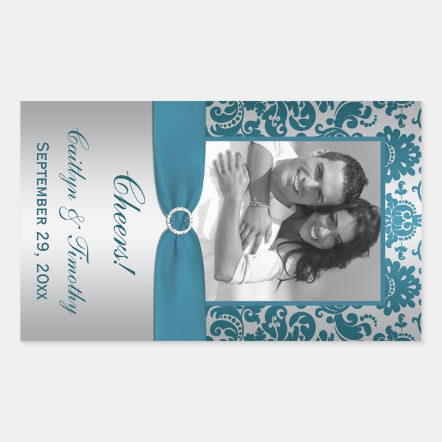 Silver.Aquamarin Damask Foto Weinetikett Rechteckiger Aufkleber (Vorderseite)