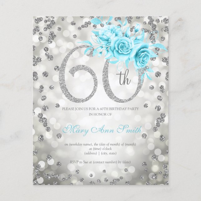Silver Aquamarin Floral 60 Birthday Lights Einladu Flyer (Vorne)