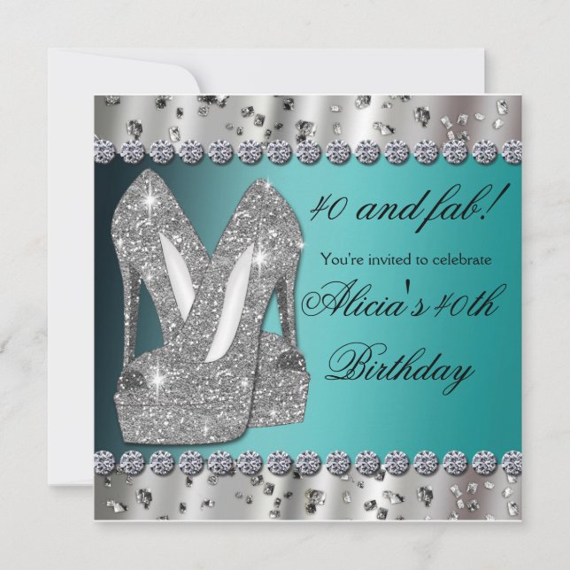Silver Aquamarin Glitzer High Heels Party Einladun Einladung (Vorderseite)