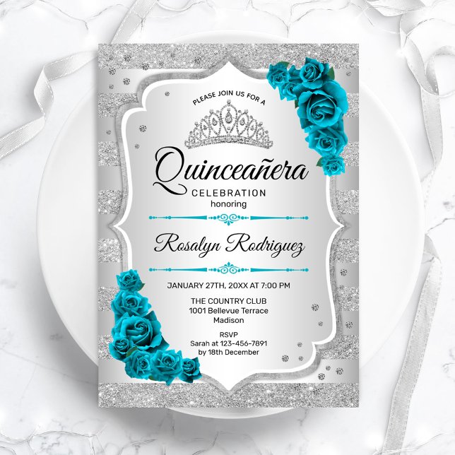 Silver Aquamarin Quinceanera Einladung (Von Creator hochgeladen)