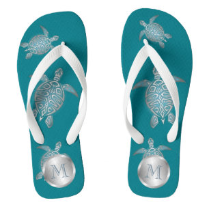 Silver Aquamarin Sea Turtle Coastal Monogram Flip Flops