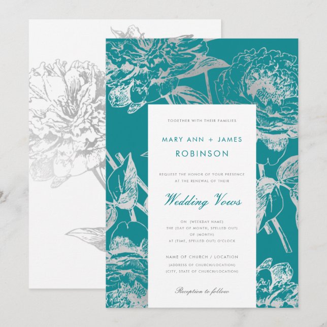 Silver Aquamarin Wedding Vow Renewal Simple Floral Einladung (Vorne/Hinten)