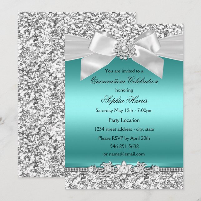 Silver Aquamariner Glitzer & Jewel Bow Quinceanera Einladung (Vorne/Hinten)