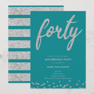 Silver Aquamariner Glitzer Typ 40 Geburtstag Party Einladung