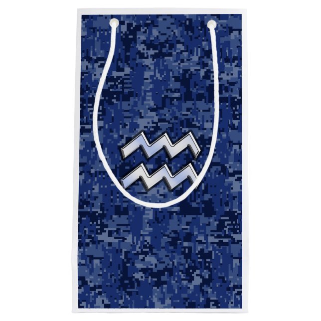 Silver Aquarius Zodiac Sign Navy Blue Digital Camo Kleine Geschenktüte (Vorderseite)