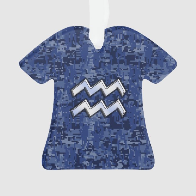 Silver Aquarius Zodiac Sign Navy Blue Digital Camo Ornament (Vorderseite)