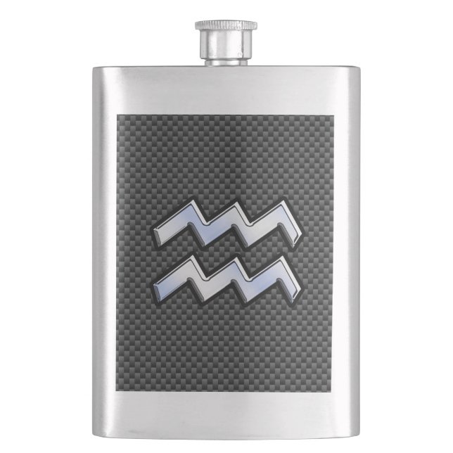 Silver Aquarius Zodiac Symbol Carbon Fiber Style Flachmann (Vorderseite)