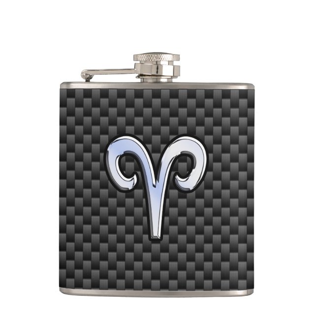 Silver Aries Zodiac Sign Black Carbon Fibre Print Flachmann (Vorderseite)
