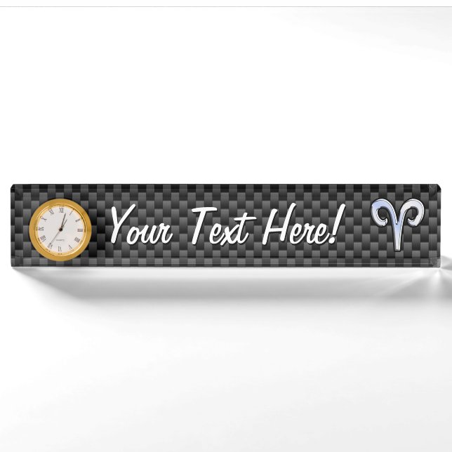 Silver Aries Zodiac Sign Black Carbon Fibre Print Namensplakette (Vorderseite)