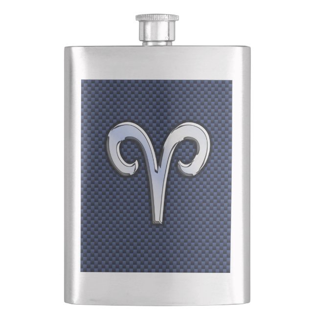 Silver Aries Zodiac Sign Blue Carbon Fibre Print Flachmann (Vorderseite)