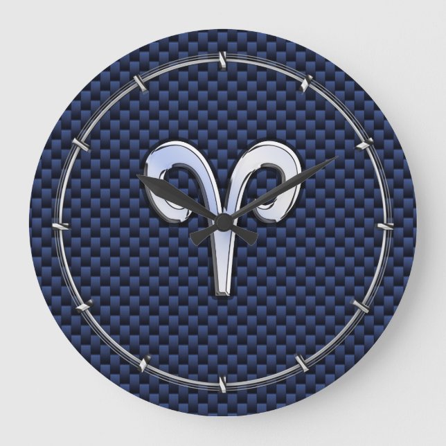 Silver Aries Zodiac Sign Navy Carbon Fiber Style Große Wanduhr (Vorderseite)