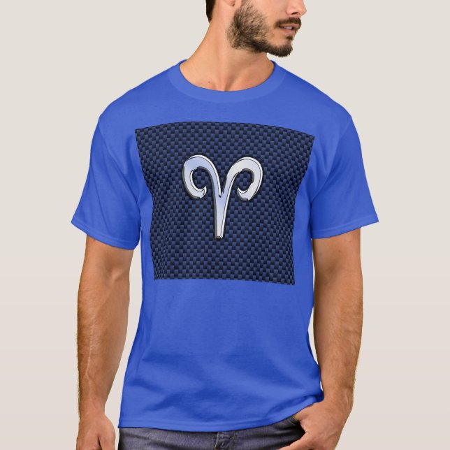 Silver Aries Zodiac Sign Navy Carbon Fiber Style T-Shirt (Vorderseite)