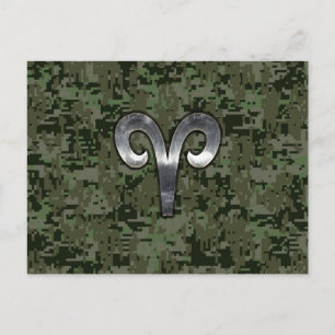 Silver Aries Zodiac Symbol Green Digital Camouflag Postkarte
