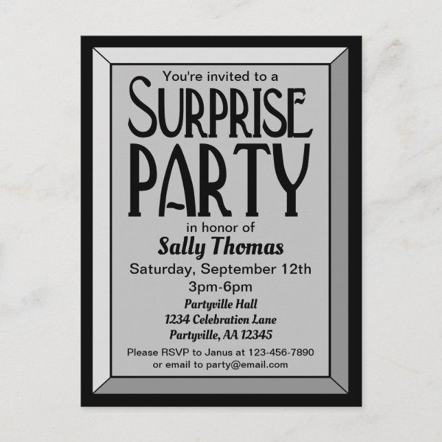 Silver Art Deco Beveled Birthday Surprise Party Einladungspostkarte (Vorderseite)