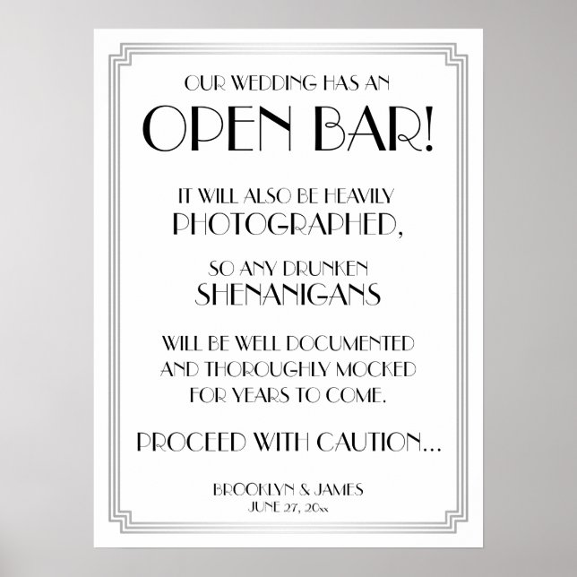 Silver Art Deco Gatsby Open Bar Sign 18 x 24 Poster (Vorne)