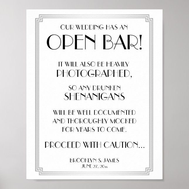 Silver Art Deco Gatsby Open Bar Sign 8x10 Poster (Vorne)