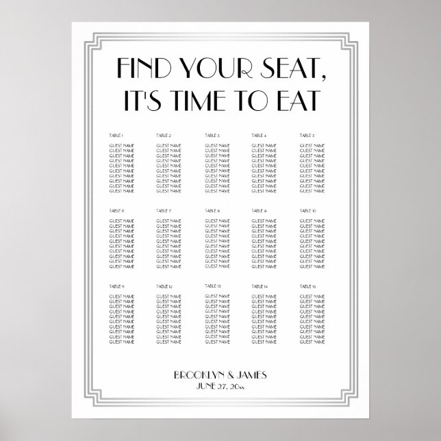 Silver Art Deco Hochzeitsdiagramm Poster (Vorne)