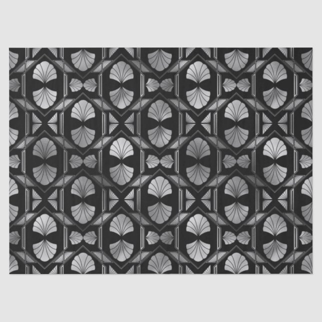 Silver Art Deco Muscheln auf Black Decoupage Seidenpapier (Vorderseite)