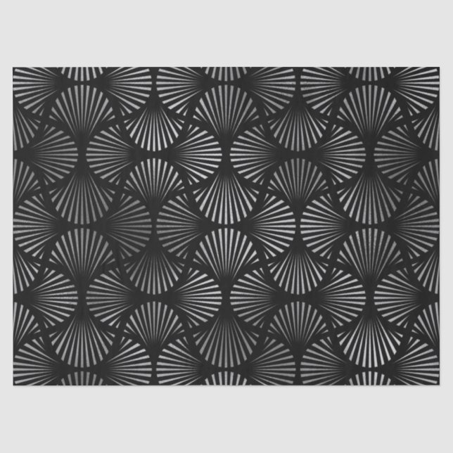 Silver Art Deco Muscheln auf Black Decoupage Seidenpapier (Vorderseite)