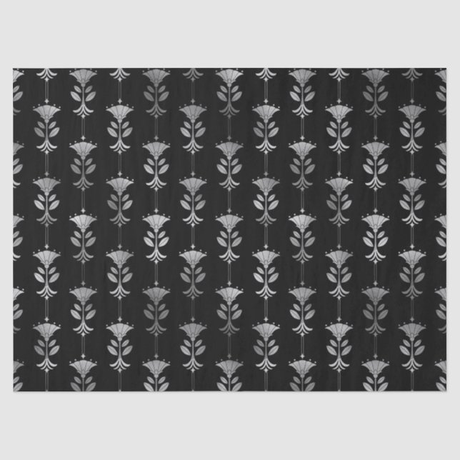 Silver Art Deco Style Blume auf Black Decoupage Seidenpapier (Vorderseite)