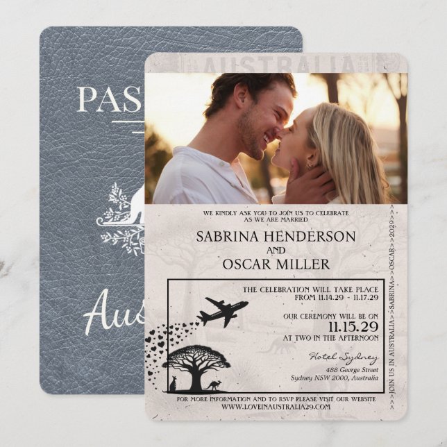 Silver Australia Passport Wedding Einladung (Vorne/Hinten)