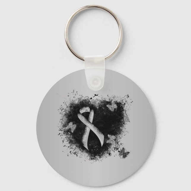 Silver Awareness Ribbon Grunge Herz Schlüsselanhänger (Vorderseite)