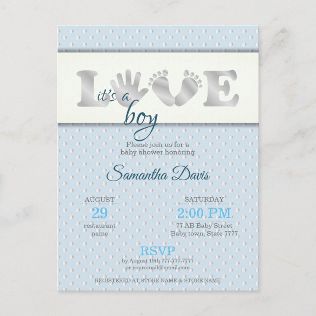 Silver Baby Boy LIEBE und Hearts Baby Dusche Einladungspostkarte (Vorderseite)