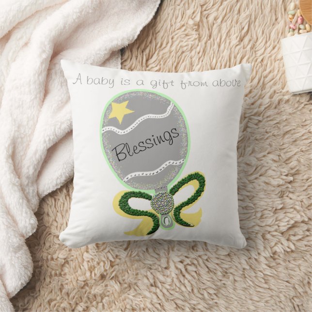 Silver Baby Rattle Yellow Star Green Bow Segnungen Kissen (Decke)