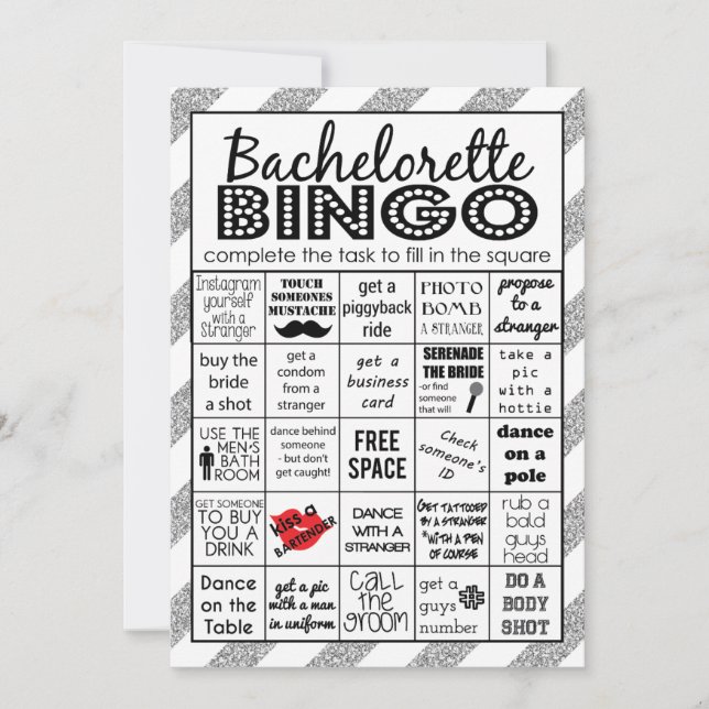 Silver Bachelorette Bingo, Party Game, Challenge Einladung (Vorderseite)