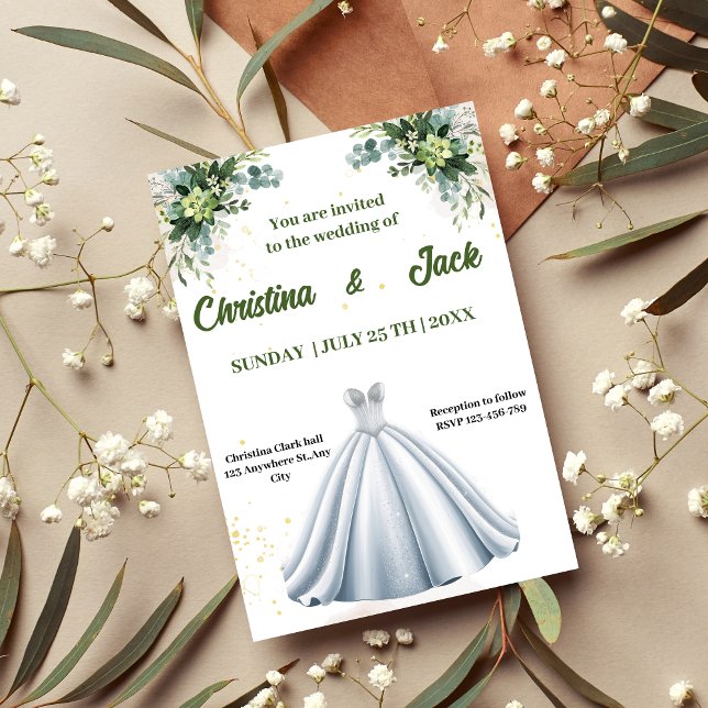 Silver Ballgown - Sage Botanical Design Hochzeit Einladung (Von Creator hochgeladen)