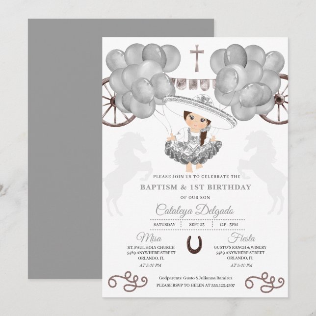 Silver Balloons Mexican Baby Charra Bautizo Einladung (Vorne/Hinten)