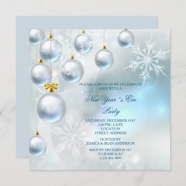 Silver Baubles & Schneeflocken Silvester Silvester Einladung (Vorne/Hinten)