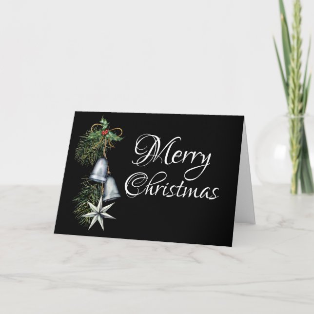 Silver Bells Holly and Pine Elegante Weihnachten Karte (Vorderseite)