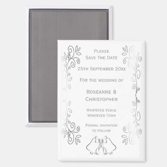 Silver Bells Scroll Design Wedding Save the Date Magnet (Vorderseite/Rückseite)