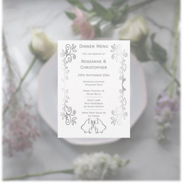 Silver Bells Scrollwork Design Wedding Menükarte (Silver wedding menu bells and scrollwork design)