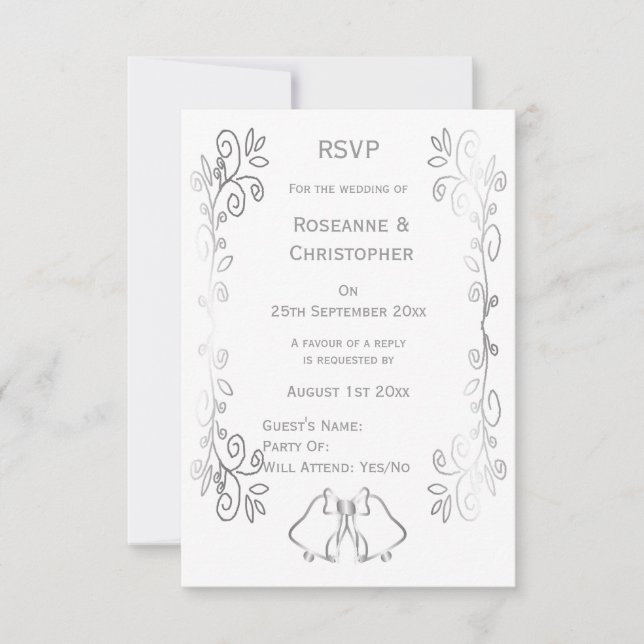 Silver Bells Scrollwork Design Wedding RSVP Karte (Vorderseite)