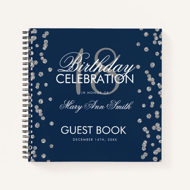 Silver Birthday Guestbook Glitzer Confetti Navy Notizbuch (Vorderseite)