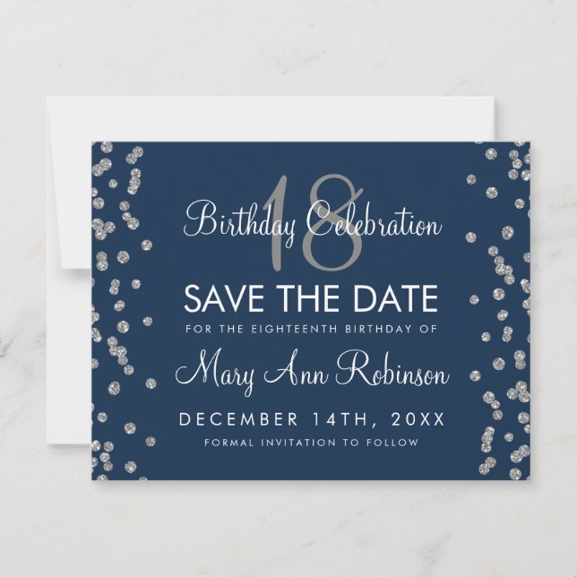 Silver Birthday Rett Date Glitzer Confetti Navy Save The Date (Vorderseite)