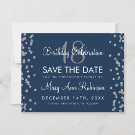 Silver Birthday Rett Date Glitzer Confetti Navy Save The Date