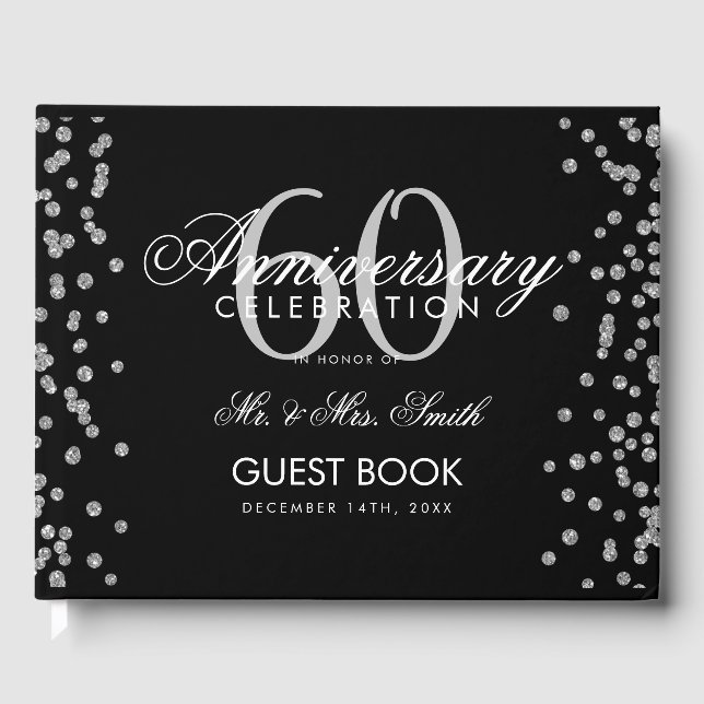 Silver Black 60th Diamond Anniversary Glitzer Gästebuch (Vorderseite)