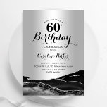 Silver Black Agate Marble 60. Geburtstag Einladung<br><div class="desc">Schwarz-Silber-Agate 60. Geburtstagsfeier Einladung. Elegantes modernes Design mit Gestein-Marmorgeode Hintergrund,  Imitate Glitzer Silber und Typografie Drehbuch Schriftart. Die trendige Einladungskarte eignet sich perfekt für eine stilvolle Damenfeier. Gedruckte Zazzle Einladungen oder Sofortdownload digitalen druckbaren Vorlage.</div>