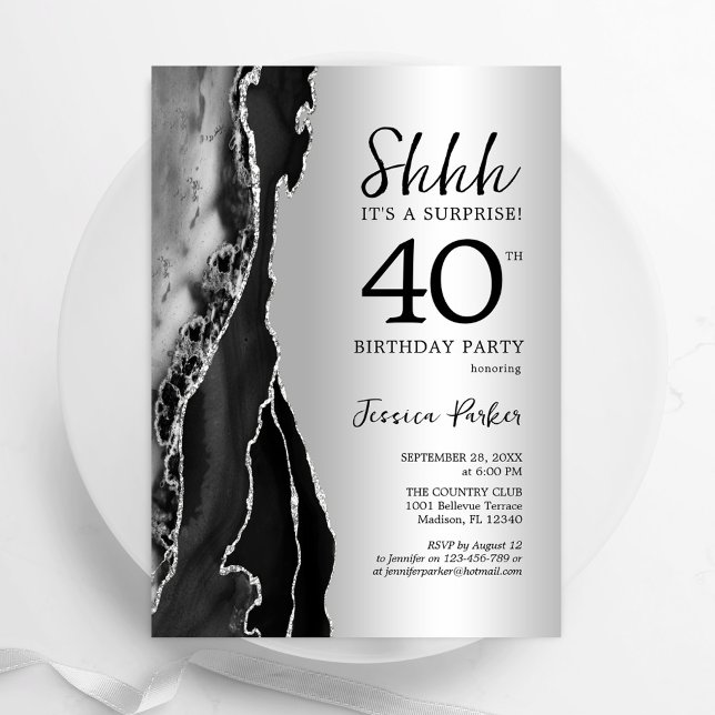 Silver Black Agate Überraschung 40. Geburtstag Einladung (Von Creator hochgeladen)