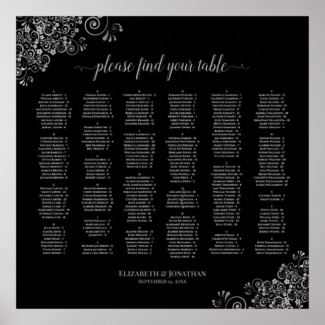 Silver & Black Alphabetical Wedding Seating Chart Poster (Vorne)