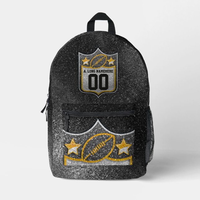 Silver Black and Gold Glitzer Football Jersey Bedruckter Rucksack (Vorderseite)