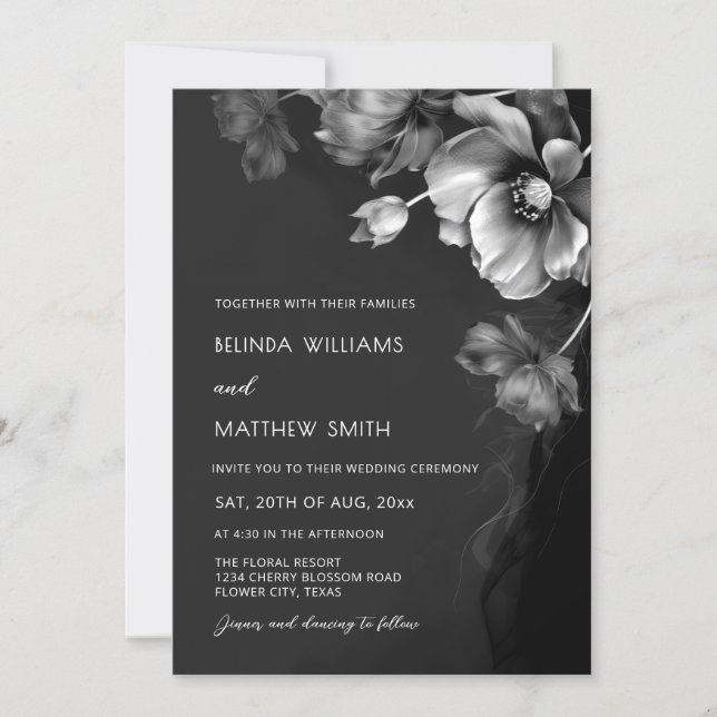 Silver Black And White Flowers Wedding Invitation (Devant)